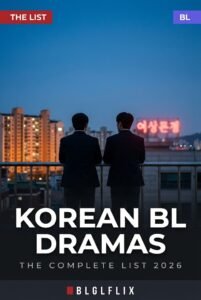 Korean BL dramas list cover: two men in suits on a rooftop looking out over a Seoul skyline at dusk