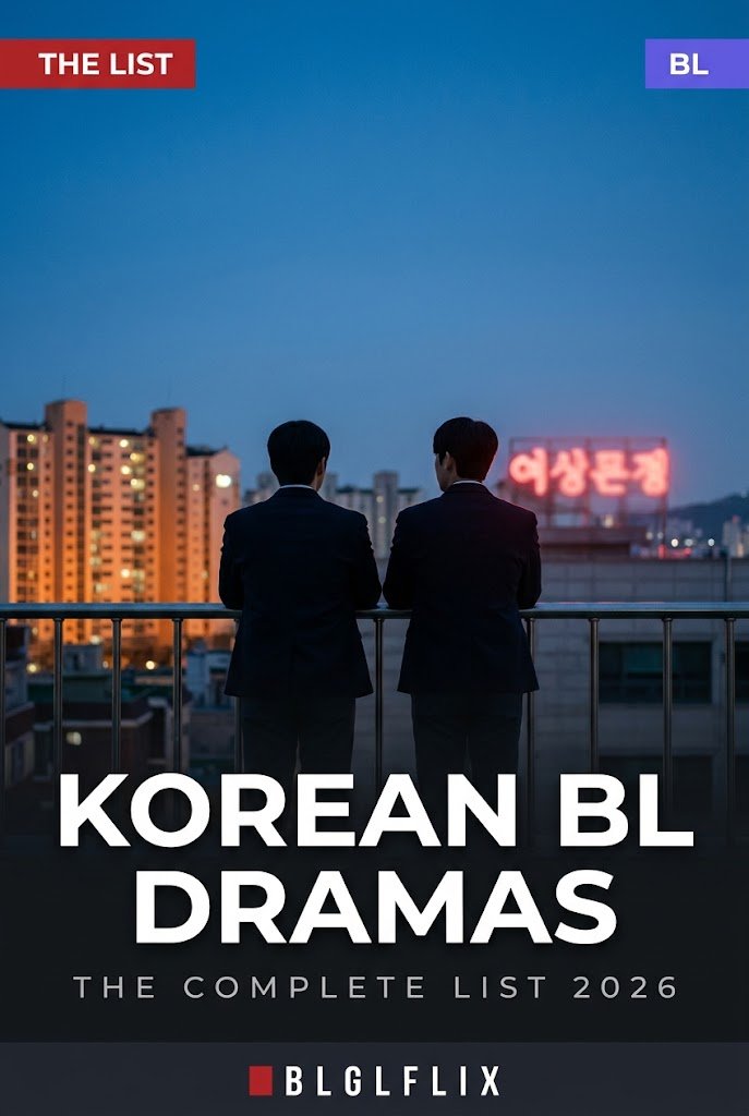Korean BL dramas list cover: two men in suits on a rooftop looking out over a Seoul skyline at dusk
