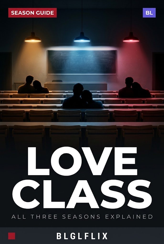 Love Class season guide cover: silhouetted couples seated in a dark lecture hall lit by coloured lamps