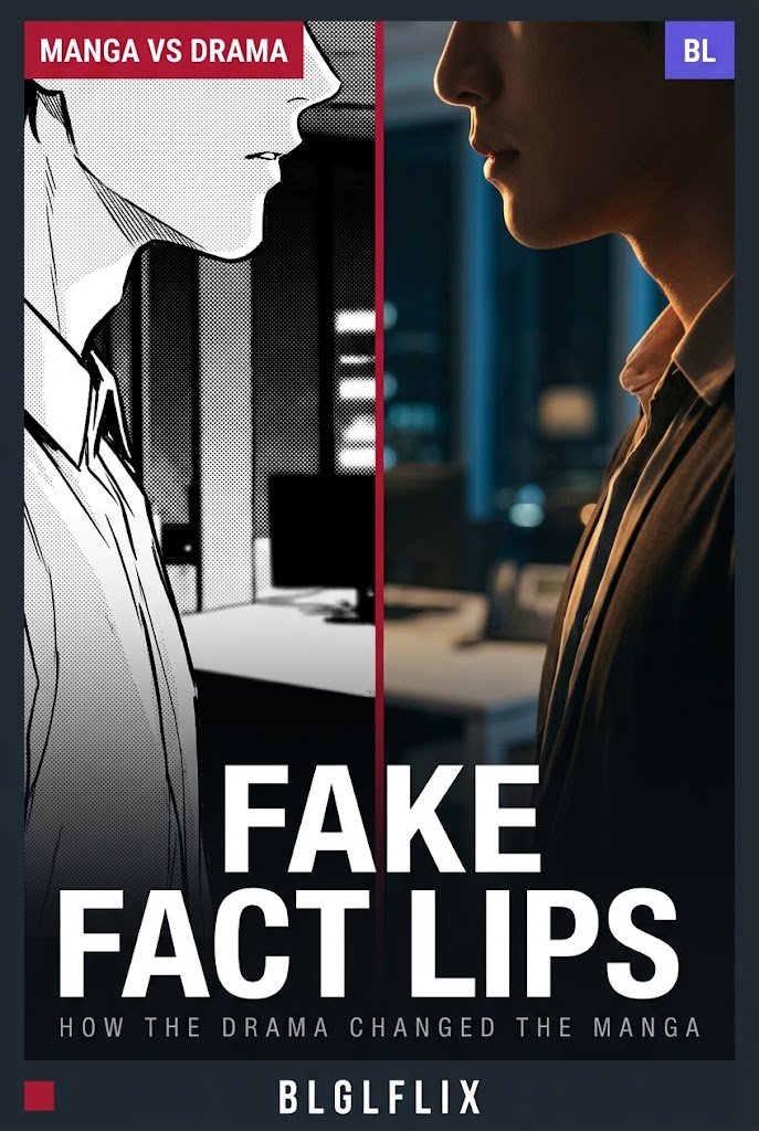 Fake Fact Lips manga versus drama cover: a black and white manga panel on the left facing a live-action office scene on the right