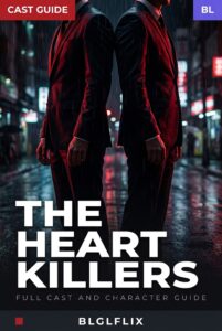 The Heart Killers cast guide cover: two men in red suits standing back to back on a rainy neon-lit street