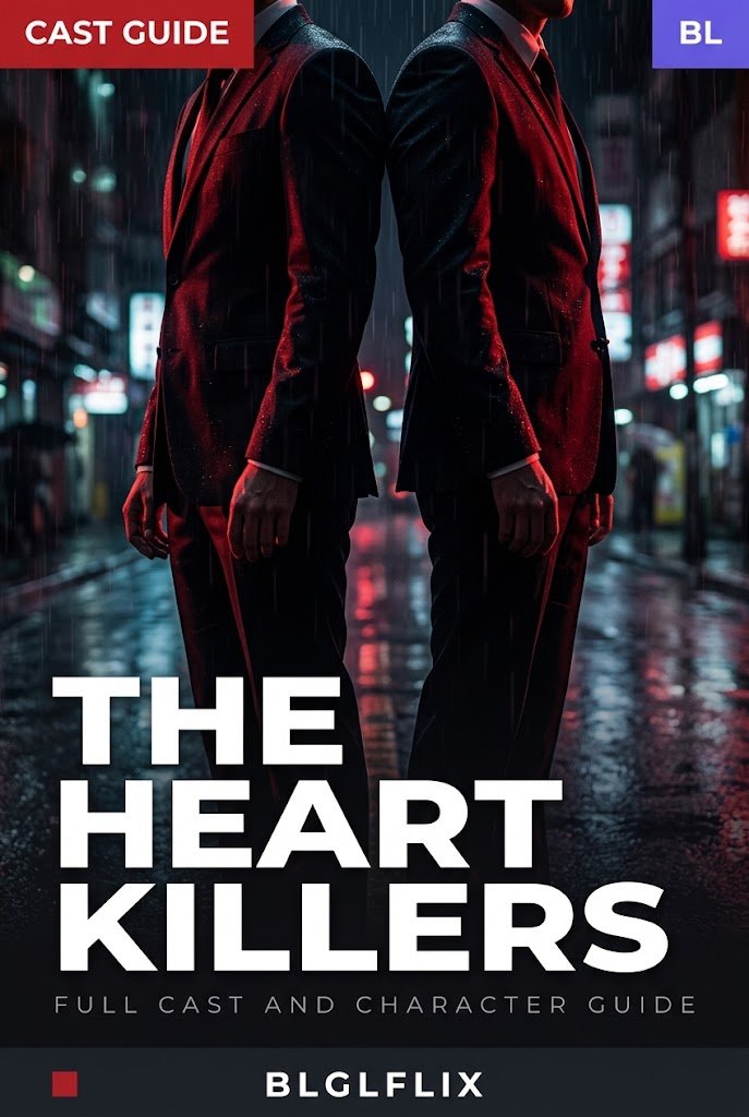 The Heart Killers cast guide cover: two men in red suits standing back to back on a rainy neon-lit street