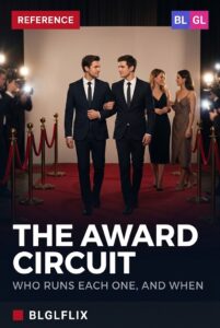 Couples in formal dress on a red carpet between brass stanchions, cover image for a map of the BL and GL award circuit