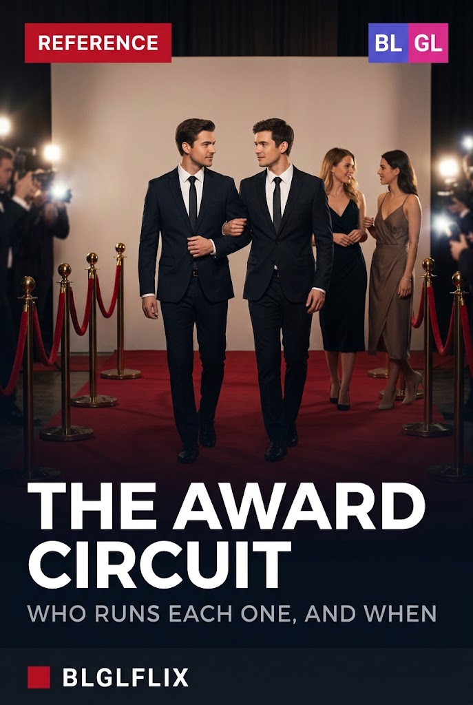 Couples in formal dress on a red carpet between brass stanchions, cover image for a map of the BL and GL award circuit