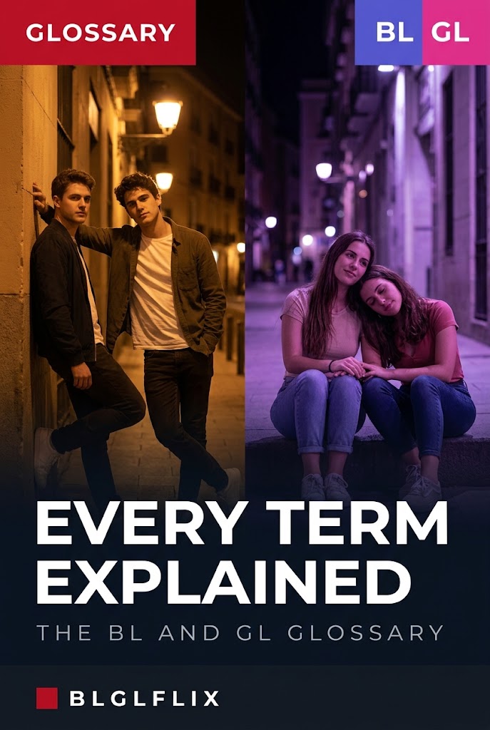 A city street at night split into warm and cool light with a couple on each side, cover image for the BL and GL terms glossary