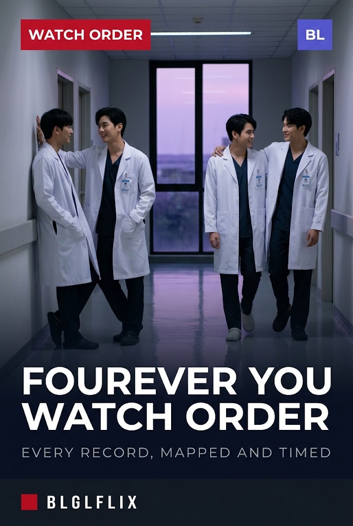 Four figures in white medical coats in a hospital corridor at dusk, cover image for the Fourever You watch order guide