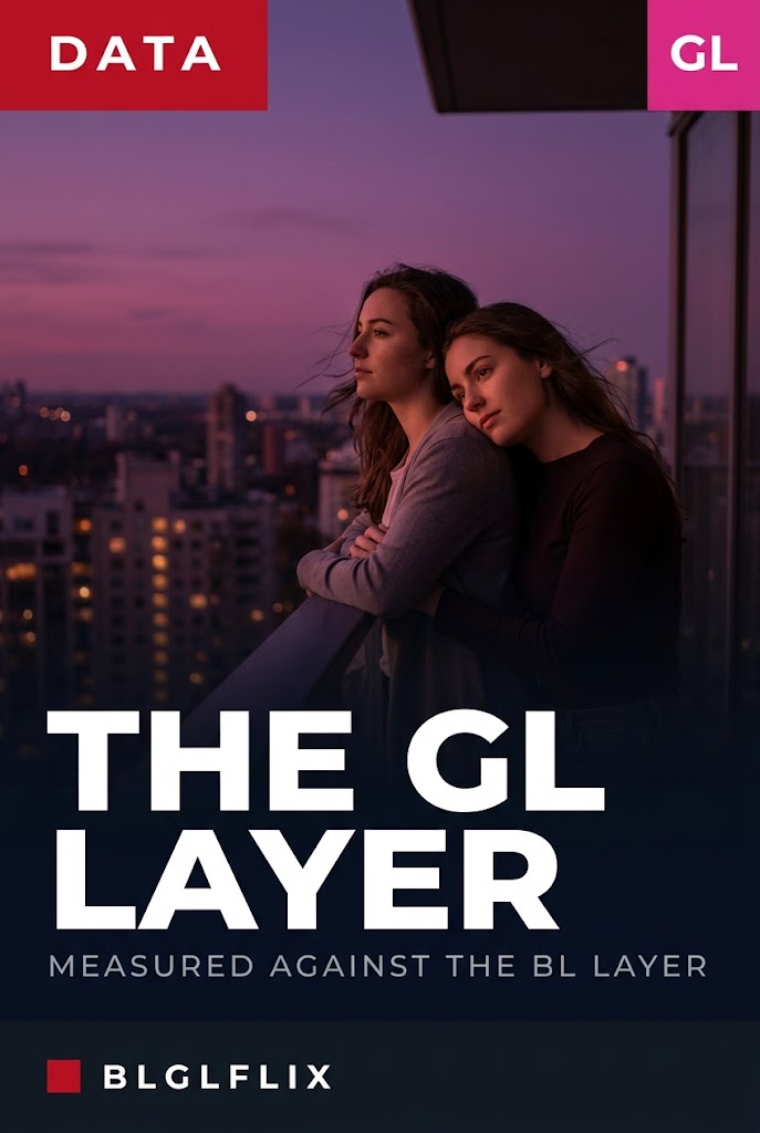 Two young women together on a high balcony under a magenta dusk sky, cover image for an article measuring the GL layer against the BL layer