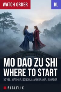 Two figures in flowing traditional Chinese robes on a misty mountain bridge at dawn, cover image for the Mo Dao Zu Shi watch and read order guide