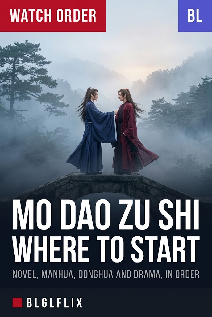 Two figures in flowing traditional Chinese robes on a misty mountain bridge at dawn, cover image for the Mo Dao Zu Shi watch and read order guide