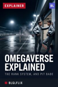 An empty racing pit lane at night under floodlights with two figures in racing suits, cover image for an explainer on what Omegaverse means in BL