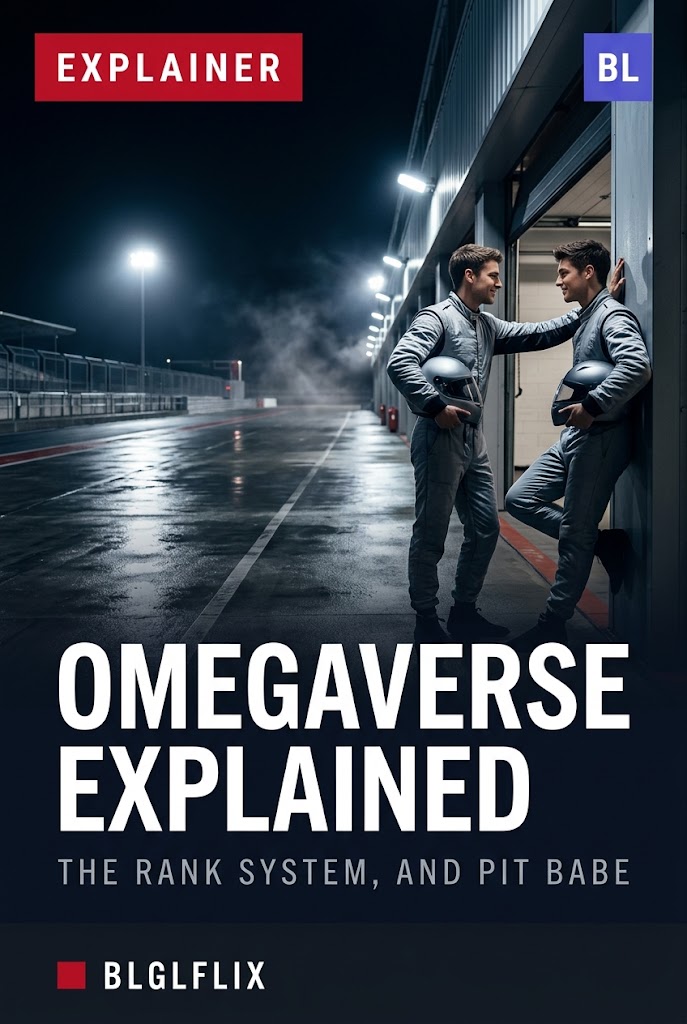 An empty racing pit lane at night under floodlights with two figures in racing suits, cover image for an explainer on what Omegaverse means in BL