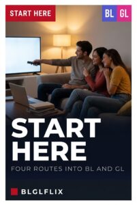 Two couples choosing what to watch on a sofa by lamplight, cover image for a guide to starting with BL and GL