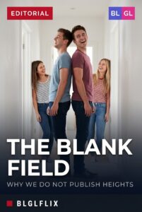 Two couples laughing as they compare heights in a bright doorway, cover image for an article on why this site leaves the height field blank