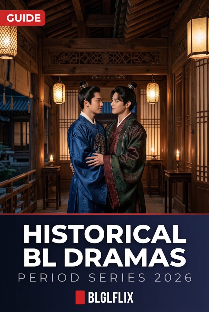 Two men in traditional period robes standing close in a lantern lit wooden hall