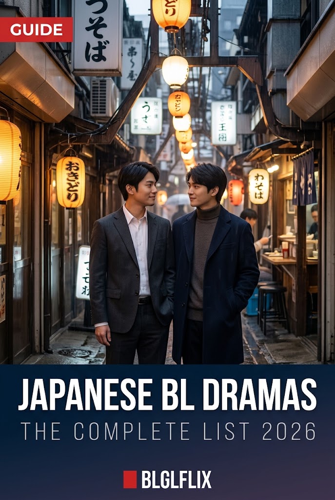 Two men in suit and coat standing in a narrow Tokyo alley hung with paper lanterns